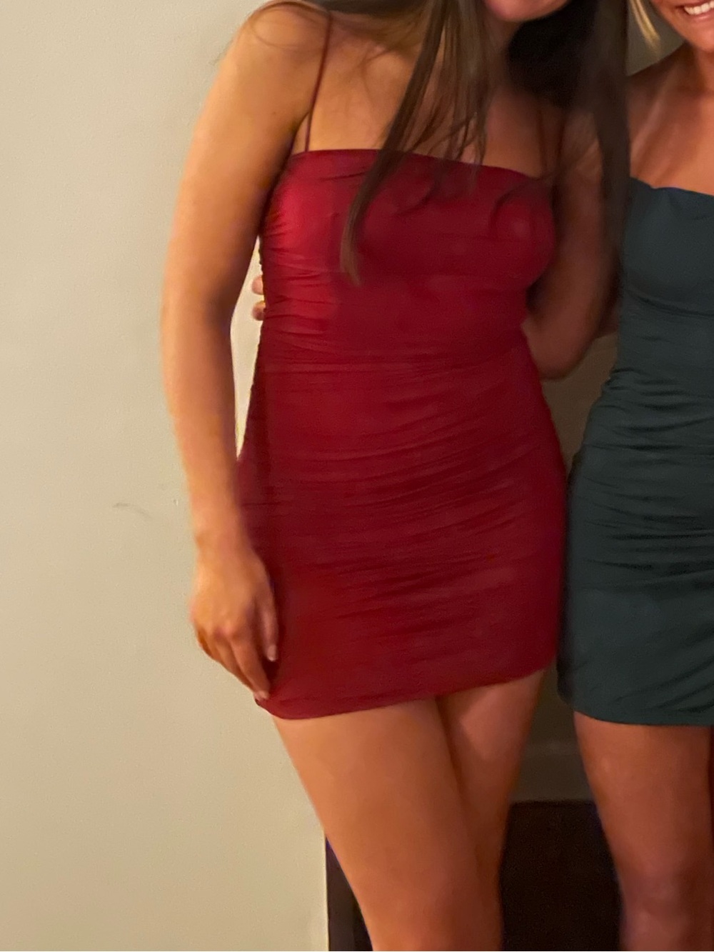 Princess Polly Ruched Spaghetti-Strap Mini Dress in Burgundy